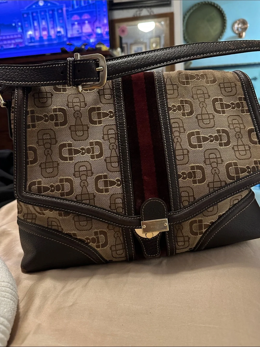 Gucci Brown Monogram Canvas Shoulder Bag with Burgundy Stripe
